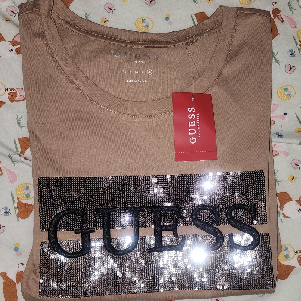 Guess Tan Sequin Logo T-Shirt